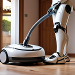 **

Prompt: "A modern Italian home interior with a domestic robot vacuuming the floor. Focus on safety certifications (like CE marking subtly visible on the robot) and a user checking for software updates on their tablet. The scene should convey reliability and security, with a warm, inviting atmosphere. High-quality rendering."

**