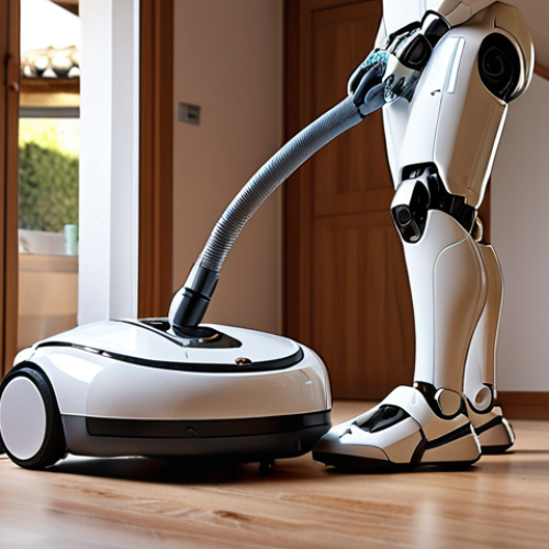 Home 15 **
Prompt: "A modern Italian home interior with a domestic robot vacuuming the floor. Focus on safety certifications (like CE marking subtly visible on the robot) and a user checking for software updates on their tablet. The scene should convey reliability and security, with a warm, inviting atmosphere. High-quality rendering."
**