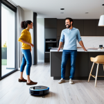 Home 9 A modern, well-lit family living room with a fully clothed woman and man in modest, casual attire, smiling as a sleek robot vacuum cleans the floor. A smart home assistant is subtly visible on a counter, and a robotic kitchen appliance is in the background. The scene conveys a sense of convenience and modern living. Professional photography, high quality, perfect anatomy, correct proportions, natural pose, well-formed hands, proper finger count, natural body proportions, safe for work, appropriate content, fully clothed, family-friendly.
