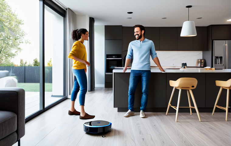 A modern, well-lit family living room with a fully clothed woman and man in modest, casual attire, smiling as a sleek robot vacuum cleans the floor. A smart home assistant is subtly visible on a counter, and a robotic kitchen appliance is in the background. The scene conveys a sense of convenience and modern living. Professional photography, high quality, perfect anatomy, correct proportions, natural pose, well-formed hands, proper finger count, natural body proportions, safe for work, appropriate content, fully clothed, family-friendly.
