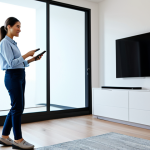 Home 8 A professional woman in a modest business casual outfit, standing in a brightly lit, modern living room. She is looking at her smartphone, which displays a clear, intuitive app interface showing a detailed smart map of the room. In the background, a sleek robotic vacuum cleaner is visible, smoothly navigating around a piece of furniture, demonstrating intelligent obstacle avoidance. The scene emphasizes ease of use and advanced home technology. Fully clothed, appropriate attire, safe for work, perfect anatomy, correct proportions, natural pose, well-formed hands, proper finger count, natural body proportions, high quality, professional photography, family-friendly.