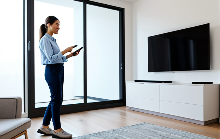 A professional woman in a modest business casual outfit, standing in a brightly lit, modern living room. She is looking at her smartphone, which displays a clear, intuitive app interface showing a detailed smart map of the room. In the background, a sleek robotic vacuum cleaner is visible, smoothly navigating around a piece of furniture, demonstrating intelligent obstacle avoidance. The scene emphasizes ease of use and advanced home technology. Fully clothed, appropriate attire, safe for work, perfect anatomy, correct proportions, natural pose, well-formed hands, proper finger count, natural body proportions, high quality, professional photography, family-friendly.