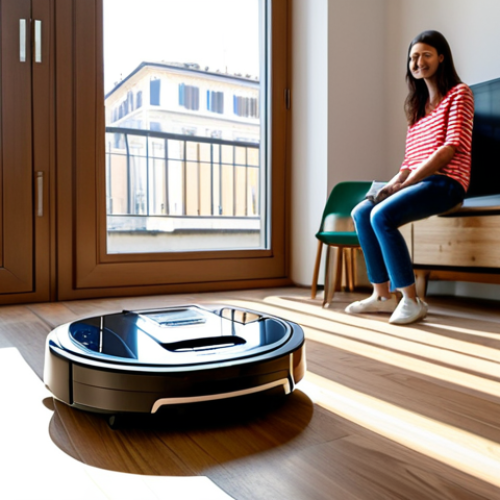 Home 19 Robot Vacuum in a Modern Italian Home**
"A fully clothed woman in casual attire smiles as a robot vacuum cleans the hardwood floor of her modern Italian apartment. Sunlight streams through a large window overlooking a bustling Milan street. Minimalist furniture and tasteful decor. Safe for work, appropriate content, perfect anatomy, natural proportions, well-formed hands, proper finger count, professional, family-friendly, high quality."
**