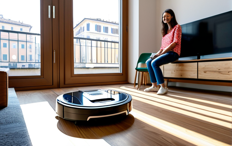 Robot Vacuum in a Modern Italian Home**
"A fully clothed woman in casual attire smiles as a robot vacuum cleans the hardwood floor of her modern Italian apartment. Sunlight streams through a large window overlooking a bustling Milan street. Minimalist furniture and tasteful decor. Safe for work, appropriate content, perfect anatomy, natural proportions, well-formed hands, proper finger count, professional, family-friendly, high quality."
**