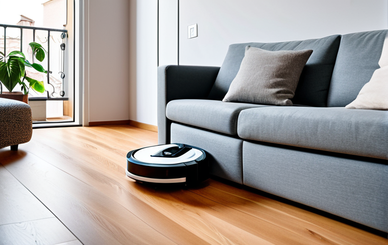 Smart Home Cleaning**
"A modern Italian apartment showcasing a robot vacuum cleaner efficiently cleaning a hardwood floor, fully clothed, safe for work, appropriate content, professional, modest, featuring a woman comfortably reading a book on a sofa in the background, soft natural lighting, realistic rendering, perfect anatomy, correct proportions, well-formed hands, proper finger count, natural body proportions, family-friendly, professional photography, high quality."
**