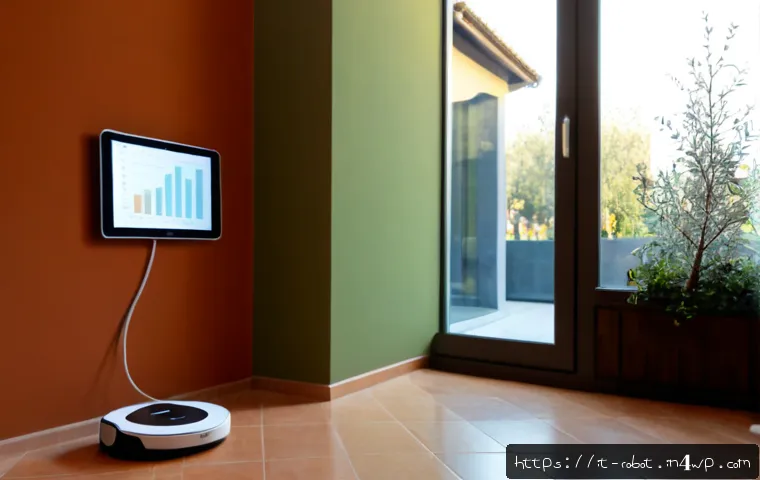 Home 12 홈 데이터와 로봇의 통합 활용 사례 - Photorealistic modern Italian smart home living room in Milan, a compact household robot vacuum movi...