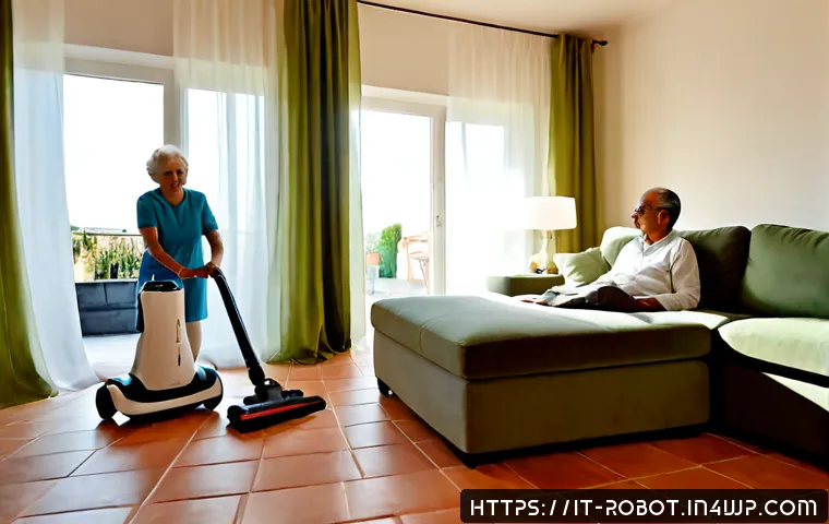 Home 13 2023년 가정용 로봇 트렌드 예측 - Photorealistic modern Italian apartment living room in 2023, a compact white home service robot quie...